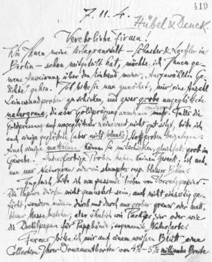 Brief an die Buchbinderei Hübel & Denck