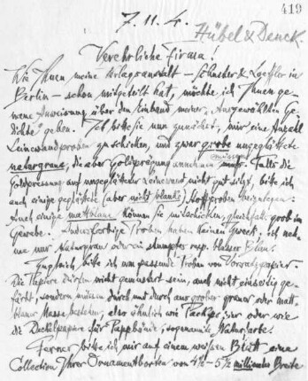Brief an die Buchbinderei Hübel & Denck