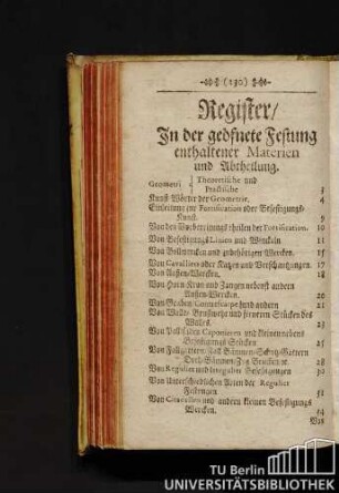 Register / In der geöfnete Festung enthaltener Materien und Abtheilung.