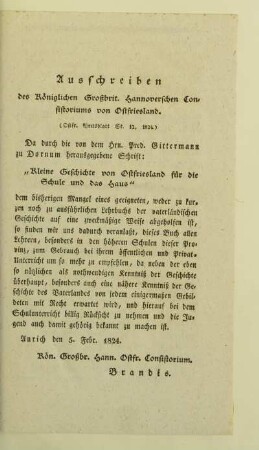Ausschreiben des Königlichen Großbrit. Hannoverschen Consistoriums von Ostfriesland