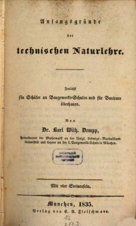 Anfangsgründe der technischen Naturlehre : Mit vier Steintafeln
