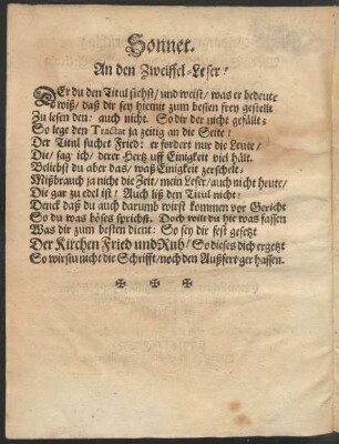 Sonnet. An den Zweiffel-Leser!