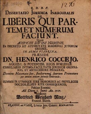Dissertatio Juridica Inauguralis De Liberis Qui Partem Et Numerum Faciunt