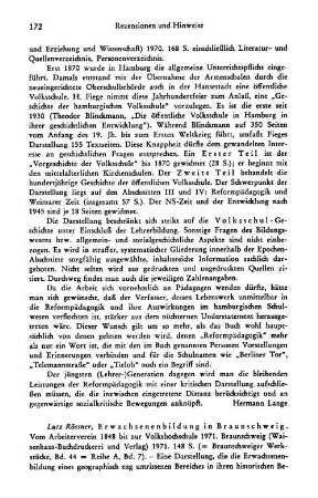 Rössner, Lutz :: Erwachsenenbildung in Braunschweig, vom Arbeiterverein 1848 bis zur Volkshochschule 1971, (Braunschweiger Werkstücke, 44), (Braunschweiger Werkstücke, Reihe A, 7) : Braunschweig, Waisenhaus-Buchdruckerei und Verlag, 1971