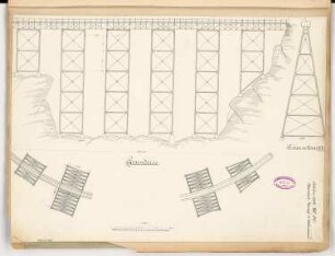 Eisenbahnbrücke in Venezuela Monatskonkurrenz Februar 1889: Grundriss, Aufriss Seitenansicht, Pfeiler im Querschnitt 1:200; Maßstabsleiste