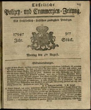 31tes Stueck, Montag den 4ten August 1794
