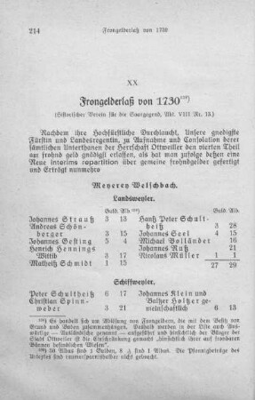 XX. Frongelderlaß von 1730.