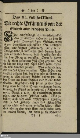 Das XL. Hülffs-Mittel. Die rechte Erkänntniß von der Eitelkeit aller irrdischen Dinge