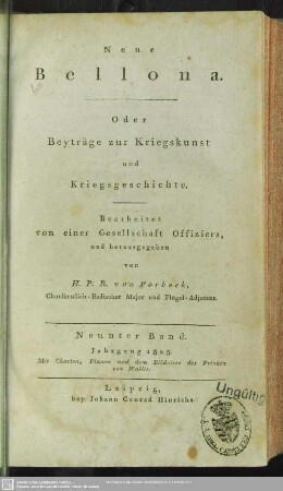 9.1805: Neue Bellona oder Beyträge zur Kriegskunst und Kriegsgeschichte