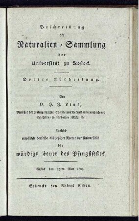 Abth. 3: Beschreibung der Naturalien-Sammlung der Universitaet zu Rostock. Abth. 3
