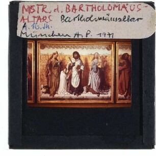 Meister des Bartholomäus-Altars, Bartholomäusaltar : Mitteltafel: Der Hl. Bartholomäus mit dem Stifter zwischen dem Heiligen Agnes und Cäcilia