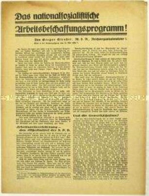Flugschrift mit einer Reichstagsrede Gregor Strassers vom 10. Mai 1932 zum Arbeitsbeschaffungsprogramm der NSDAP und Aufruf zum Beitritt
