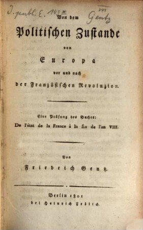 Von dem politischen Zustande von Europa vor und nach der Französischen Revolution