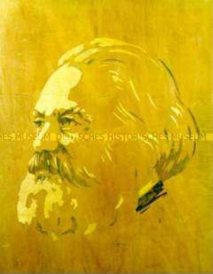 Intarsienbild mit Porträt von Karl Marx