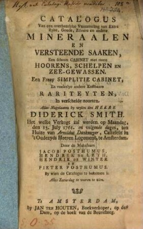 Catalogus van een Verzameling van Mineralien Poss. Did. Smith
