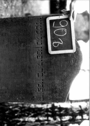 Grabstein 90 (Index: 100111187) Material: Sandstein Zustand: gut Maße HxBxT: 120x60x14 cm Beschreibung: Stele, flacher Konvexbogenabschluß, Schriftfeld eingetieft Symbolik: Blüte: Grabstein 90B