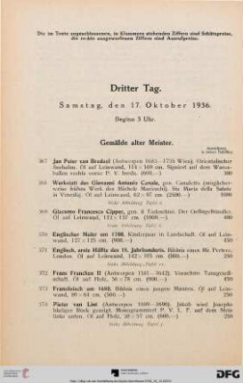 Dritter Tag. Samstag, den 17. Oktober 1936. Beginn 3 Uhr. (Nr. 367-564)