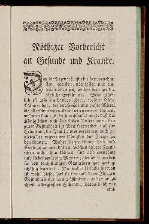 Nöthiger Vorbericht an Gesunde und Kranke.