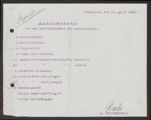 Anforderung von Büromaterial und einer Schreibmaschine für den Garnisonrat