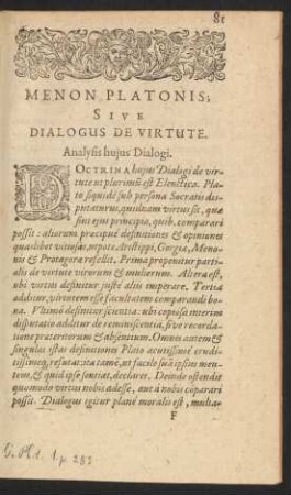 Menon Platonis, Sive Dialogus De Virtute.
