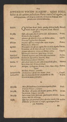 Appendix Vocum Aliquot, Quas Ecclesiastici, & alii quidam posteriores Poetae contra vel regulas, ...