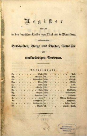 Tirol und Vorarlberg : statistisch, topographisch, mit geschichtlichen Bemerkungen in 2 Theilen. [3], Register