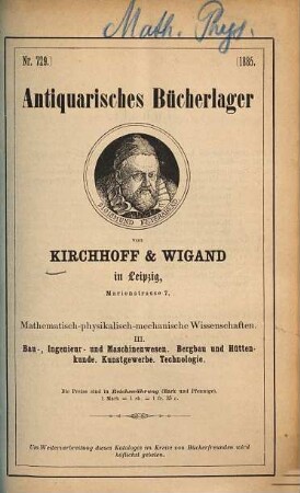 Antiquarisches Bücherlager von Kirchhoff & Wigand in Leipzig. 729. 1885