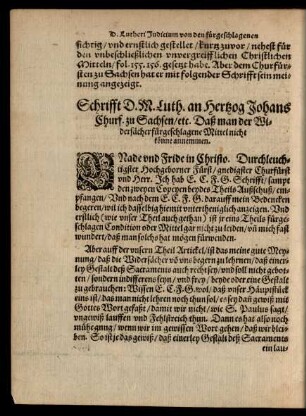 Schrifft D. M. Luth. an Hertzog Johans Churf. zu Sachsen/ ...
