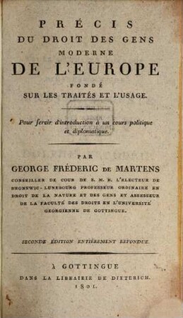 Précis du Droit des Gens moderne de l'Europe
