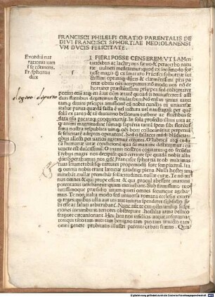 Orationes : mit Widmungsbrief an Lodovico Maria Sforza, Mailand 27.5.1481
