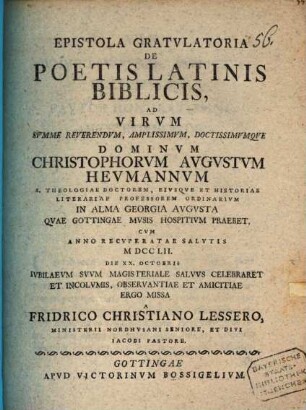Epistola gratulatoria de poetis latinis biblicis, ad Ch. A. Heumannum