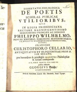 Dissertatio Philologica De Poetis Scholae Pvblicae Vtilioribvs