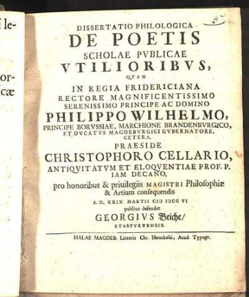 Dissertatio Philologica De Poetis Scholae Pvblicae Vtilioribvs