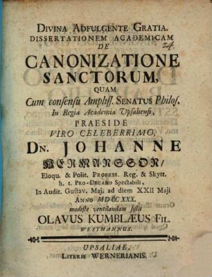 Dissertationem academicam de canonizatione sanctorum
