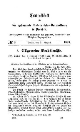 Feier des vierhundertjährigen Gedächtnistages der Geburt Luthers : [I. Allgemeine Verhältnisse]