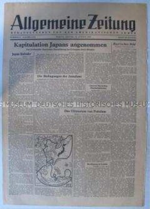 Tageszeitung der US-Armee für Berlin "Allgemeine Zeitung" u.a. zur Kapitulation Japans