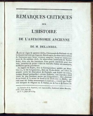 Remarques Critiques sur l'Histoire de l'Astronomie Ancienne de M. Delambre.
