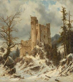 Eine Burgruine im Schnee