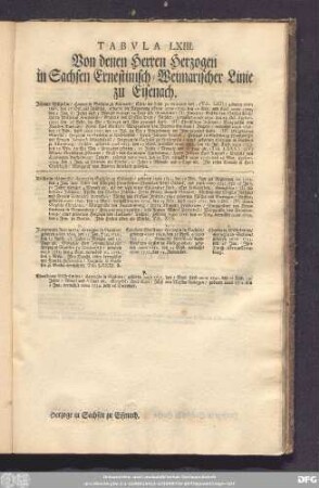 Tabula LXIII. Von denen Herren Herzogen in Sachsen Ernestinisch-Weimarischer Linie zu Eisenach.