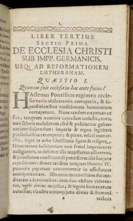 Sectio Prima De Ecclesia Christi Sub Impp. Germanicis, Usq[ue] Ad Reformationem Lutheranam.