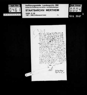 Georg Kaldorff, Bürger und Schwarzfärber zu Wertheim (Wertheimb), verkauft an Graf Ferdinand Karl zu Löwenstein, Wertheim, Rochefort eine Wiese über der Tauber um 54 Gulden.
