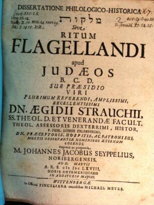 Dissertatione philologico-historica Malqât sive ritum flagellandi apud Judaeos