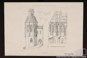 Marburg Schlosskapelle A Längsschnitt. B Ostansicht. C Dienstprofile. D Rippe. E Gurt