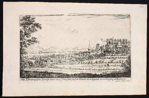 Das Pfinzingische Schloss und Dorf Henffenfeld, 4 Stund uon Nürnb. von Nidergang anzusehen. - Henfenfeld; Pfinzingschloss, Henfenfeld