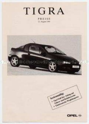 Werbematerial der Opel-AG: Preisliste zum Modell "Tigra"