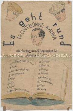 Handgezeichneter Aushang der Theatergruppe "Die Frontbühne Afrika" für eine Aufführung am 27. September 1943 in einem Kriegsgefangenenlager in Texas - Personenkonvolut