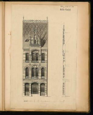 Eingebautes Wohnhaus Monatskonkurrenz März 1882: Aufriss Straßenansicht, vertikaler Fassadenschnitt; Maßstabsleiste