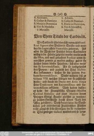 Von Ehren Tituln der Cardinäle.