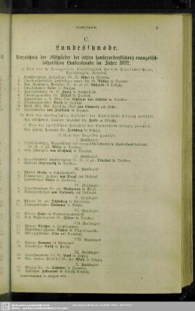C. Landessynode : Verzeichnis der Mitglieder der letzten (außerordentlichen) evangelisch-lutherischen Landessynode im Jahre 1892