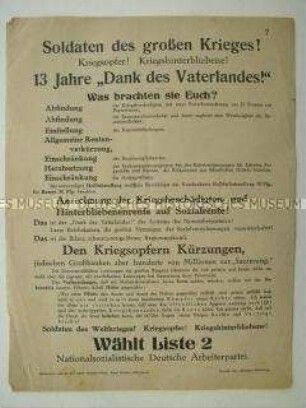 Wahlflugblatt der NSDAP zur Reichstagswahl am 31. Juli 1932 mit Ausrichtung auf die Soldaten des 1. Weltkrieges